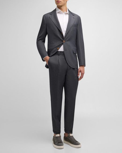 Brunello Cucinelli Black Wool And Linen Three-Button Suit for men