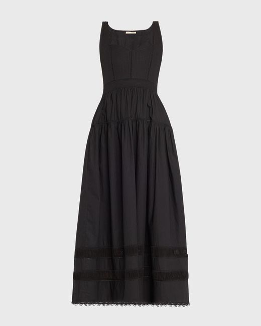 Ulla Johnson Black Isadora Ruched Lace-Inset Sweetheart Maxi Dress