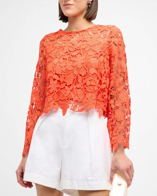 MILLY Red Catelyn Cropped Floral Lace Top