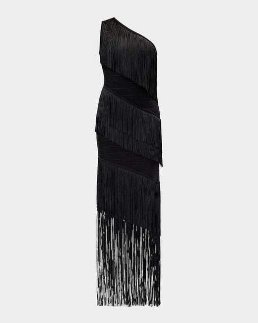 Hervé Léger Black The Eleanor One-Shoulder Fringe Gown