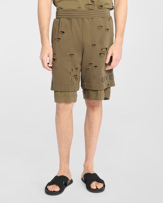 Givenchy Green Double-Layer Destroyed Sweat Shorts for men