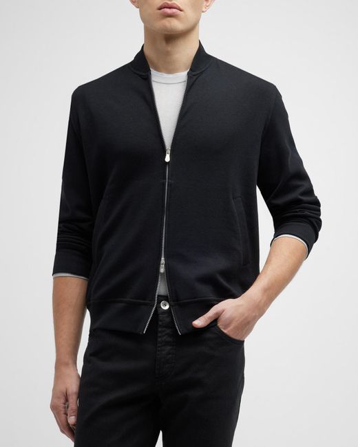 Brunello Cucinelli Black Baseball Collar Travel Full-Zip Sweater for men