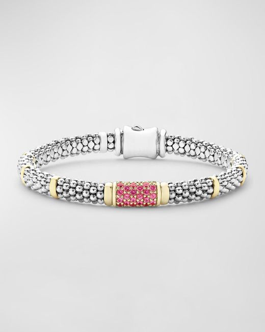 Lagos Metallic 18k Gold Stations On Sterling Silver Caviar Bead Bracelet With Pink Sapphires. 6mm