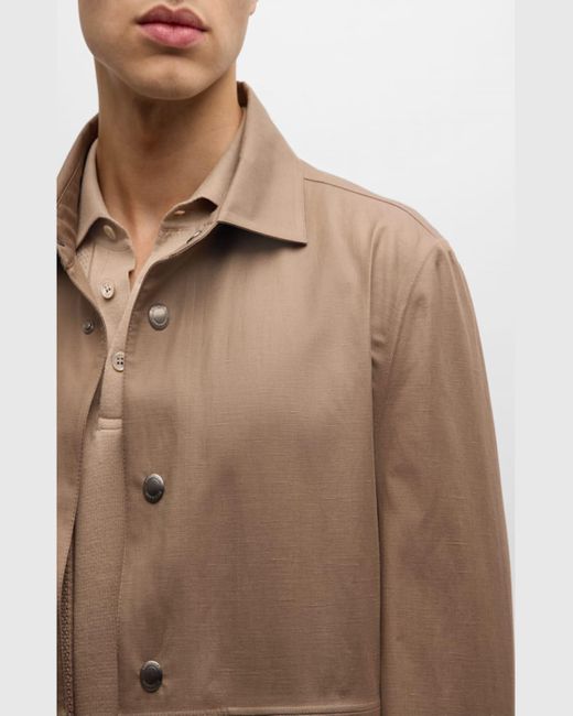 Brunello Cucinelli Brown Linen-Silk Snap-Front Car Coat for men