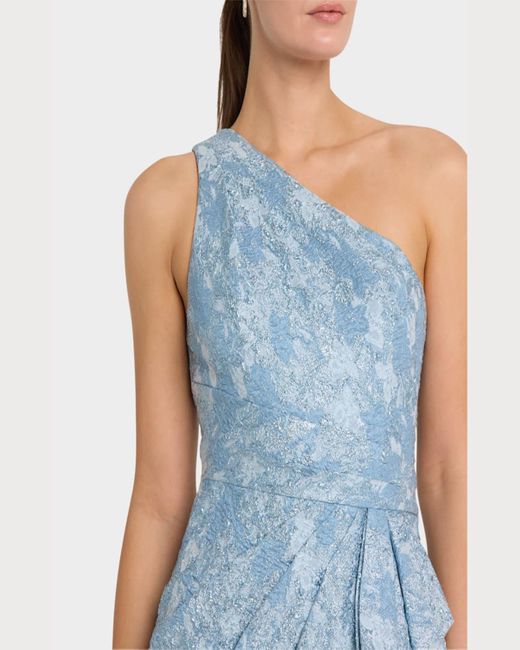 Aidan Mattox Blue One-Shoulder Metallic Jacquard Column Gown