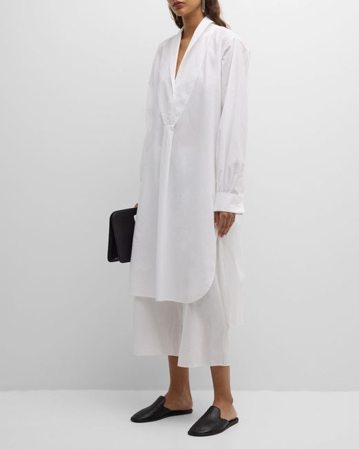 The Row White Elinor Long-Sleeve Bib-Front Midi Shirtdress