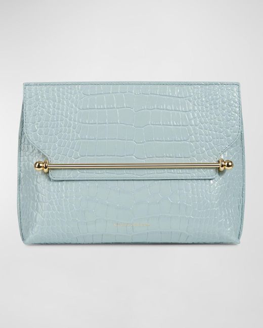 Strathberry Blue Stylist Flap Croc-Embossed Clutch Bag