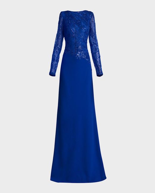 Tadashi Shoji Blue A-Line Sequin Lace & Crepe Gown