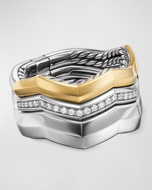 David Yurman Gray Stax 3 Row Ring With Diamonds In 18k Gold And Silver, 11mm