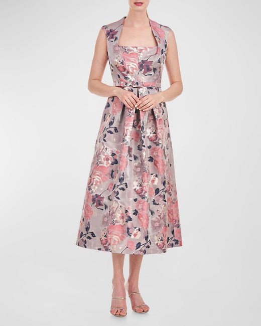 Kay Unger Pink Lizabeth Pleated Floral Jacquard Midi Dress