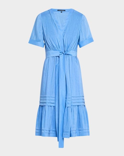 Kobi Halperin Blue Miranda Pintuck Tiered Linen-Silk Midi Dress