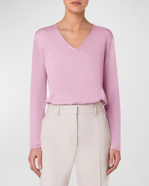 Akris Pink V-Neck Long-Sleeve Cashmere-Silk Fine Gauge Seamless Sweater