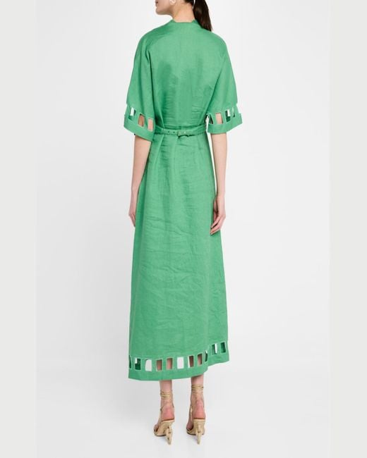 Figue Green Adalaide Short-Sleeve Belted Linen Midi Dress