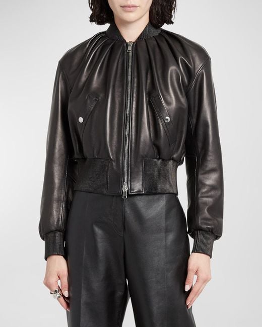 Alexander McQueen Black Ruched Leather Crop Bomber Jacket