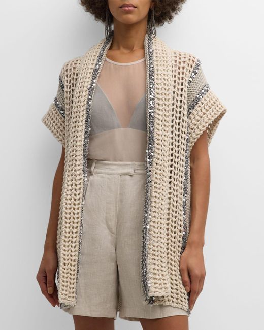 Brunello Cucinelli Brown Open-knit Long Net Cardigan With Paillette Detail