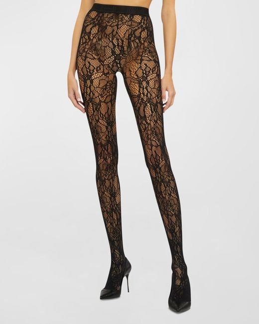 Wolford Black Logo Floral Net Tights