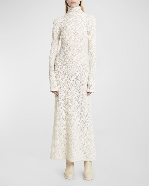 Chloé White Turtleneck Long-sleeve Smocked Lace Gown