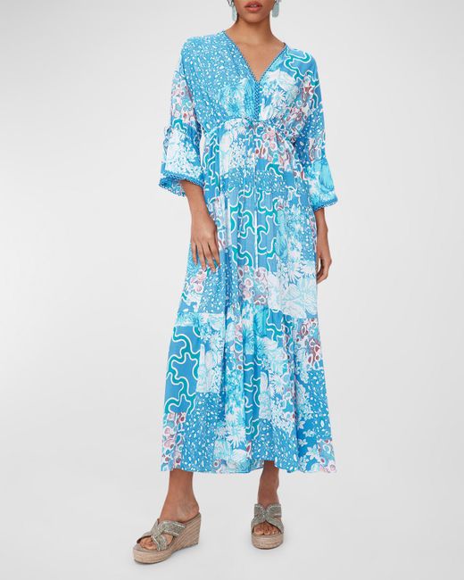 Diane von Furstenberg Blue Boris Tiered Patchwork-Print Maxi Dress