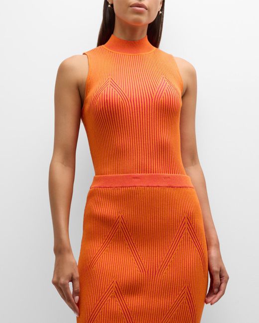 MILLY Orange Ribbed Mock-Neck Shell Top