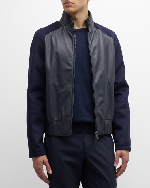 Emporio Armani Blue Leather Bomber Jacket With Knit Sleeves for men