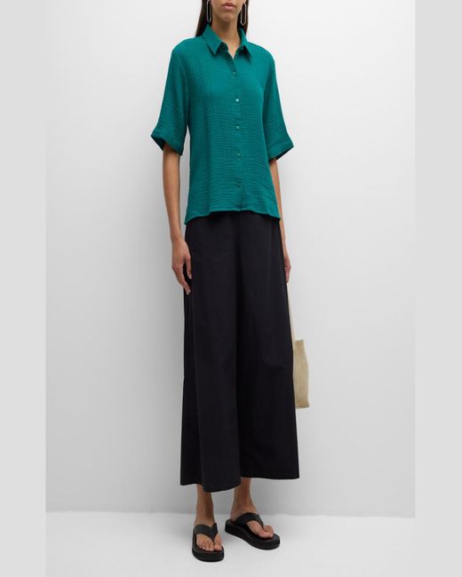 Eileen Fisher Green Button-Down Organic Cotton Gauze Shirt