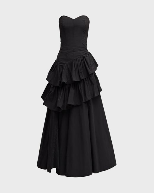 Marchesa Black Strapless Ruffle Taffeta Midi Dress