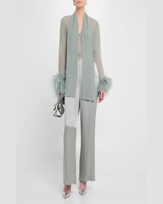 LAPOINTE Blue Lightweight Georgette Scarf Top With Feathers