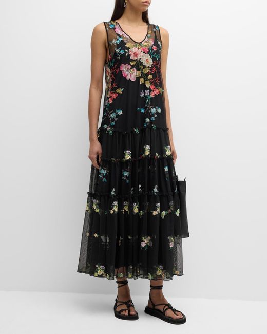 Johnny Was Black Lilliana Floral-Embroidered Mesh Maxi Dress