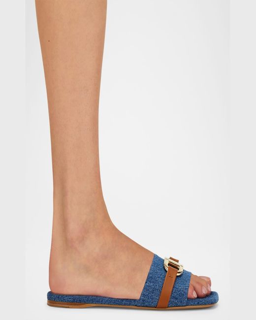 Ferragamo Blue Leah Gancini Bit Slide Sandals