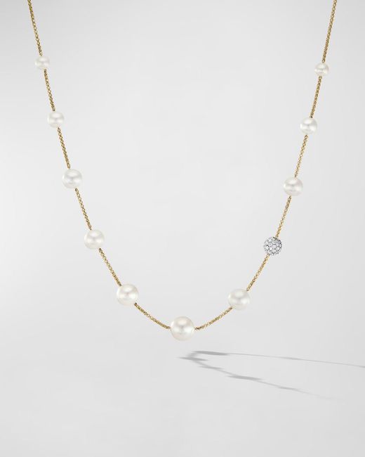 David Yurman White Pearl And Pave Station Necklace With Diamonds In 18k Gold, 1.25mm, 16-18"l