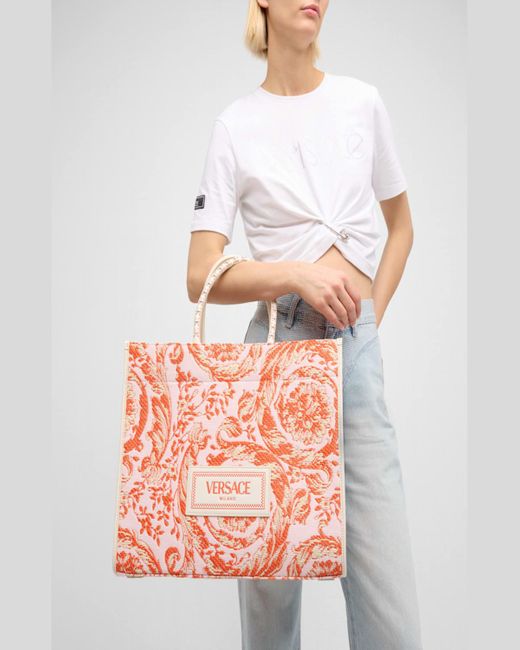 Versace Red Barocco Xl Barocco Canvas Tote Bag