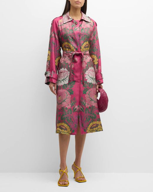 Pierre Louis Mascia Red Floral-print Silk Wrap Trench Coat