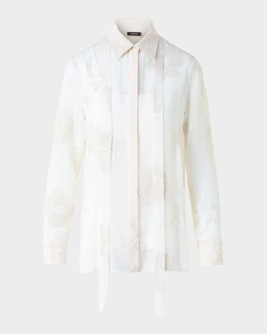 Akris White Floral Jacquard Neck-Tie Button-Down Blouse