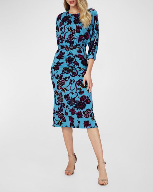 Diane von Furstenberg Blue Floral-print Blouson-sleeve Midi Dress