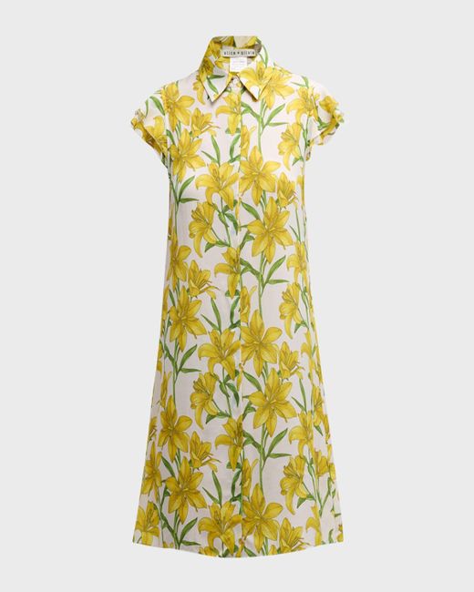 Alice + Olivia Yellow Floral Jem Ruffle-Sleeve Mini Shirtdress