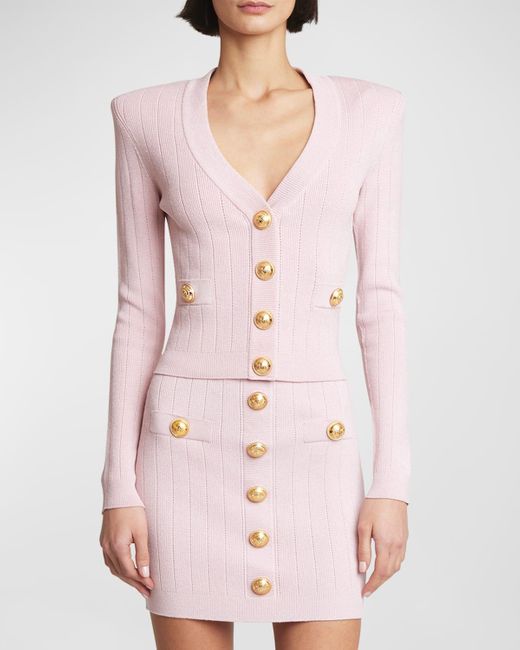 Balmain Pink Buttoned Knit Cropped Cardigan