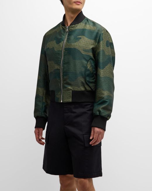Balmain Green Camo Monogram Shantung Bomber Jacket for men