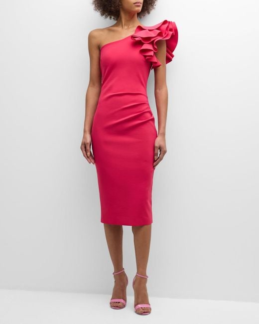 La Petite Robe Di Chiara Boni Red One-Shoulder Bodycon Ruffle Midi Dress