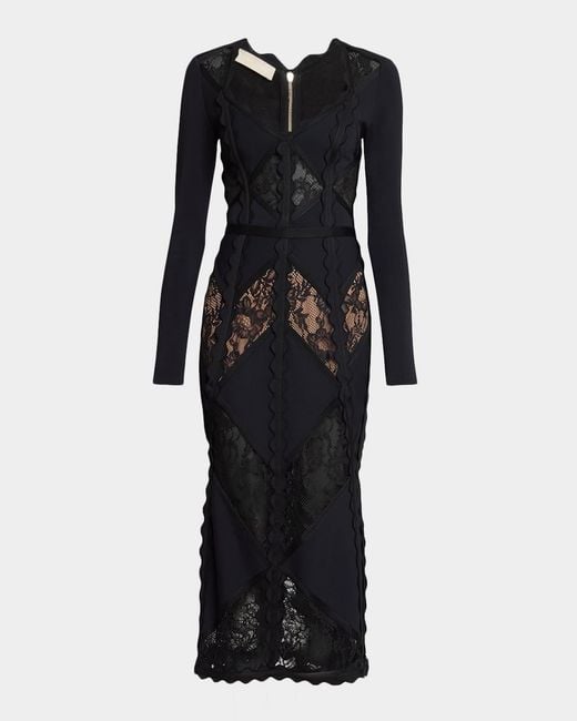 Elie Saab Black Lace-Inset Long-Sleeve Midi Dress