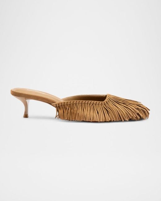 Larroude White Sienna Suede Fringe Kitten Mules