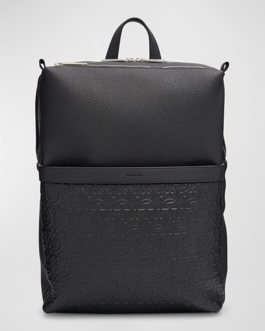 Ferragamo Black Embossed Gancini Leather Backpack for men