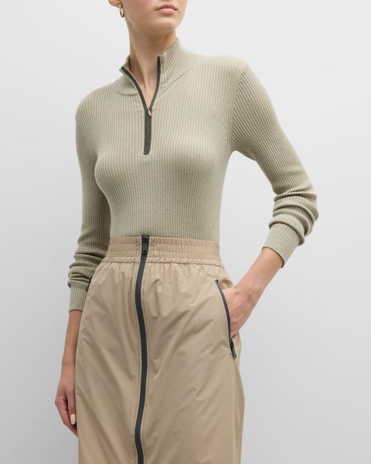 Brunello Cucinelli Natural 3/4-zip Mock-neck Metallic Cashmere-silk Sweater With Monili Placket