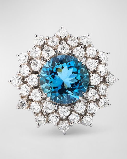 Alexander Laut Blue 18K Round Aquamarine And Diamond Ring, Size 6.5