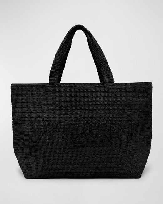 Saint Laurent Black East-West Logo Raffia Tote Bag