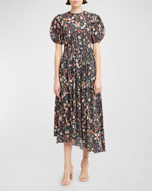 Ulla Johnson White Eden Puff-Sleeve Floral-Print Midi Dress