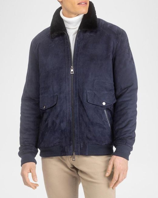 Gorski Blue Apos;S Suede Jacket With Select Shearling Lamb Lining