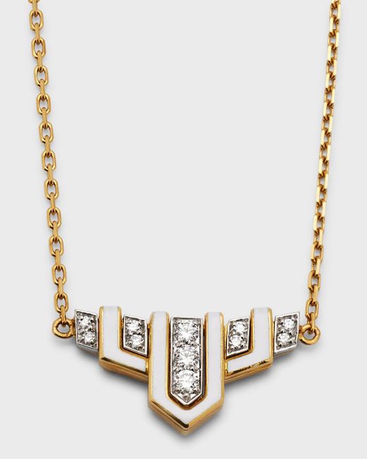 David Webb Metallic 18k Gold White Enamel Scape Necklace W/ Diamonds
