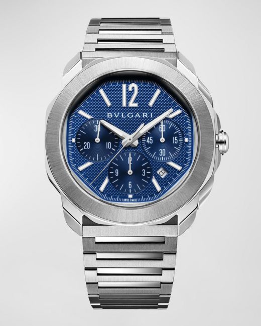 BVLGARI Gray 42mm Octo Roma Chronograph Watch With Blue Dial for men