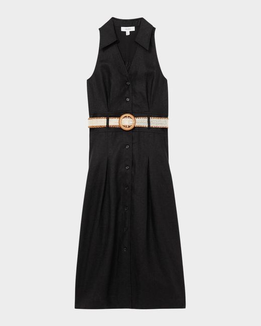 Reiss Black Annie Pleated Button-Down Linen Midi Dress
