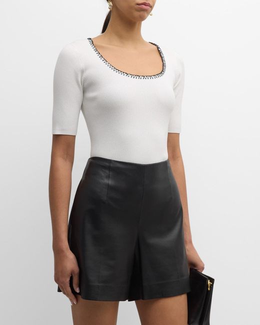 Tahari White The Valo Ribbed Whipstitch Scoop-neck Sweater